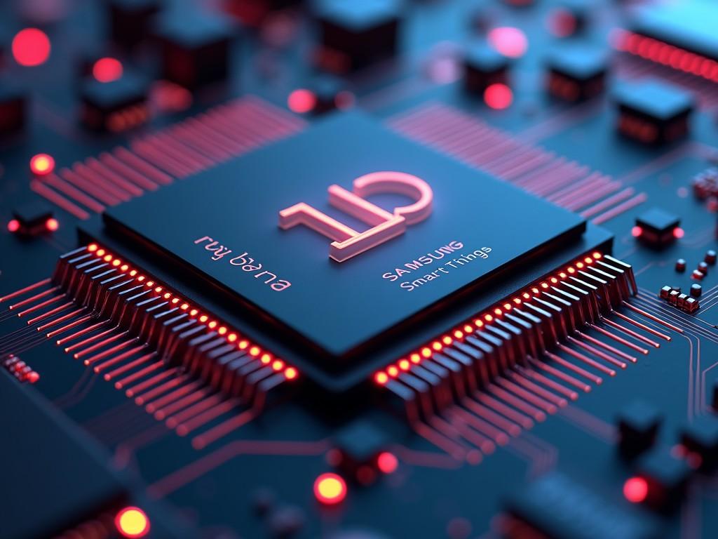 This image showcases a close-up of a modern circuit board featuring a prominent semiconductor chip illuminated with glowing red and blue light. The setting has a high-tech, futuristic feel, enhancing the intricacy of the circuits and micro components that surround it. The subtle blur in the background emphasizes the detail and precision in the foreground.