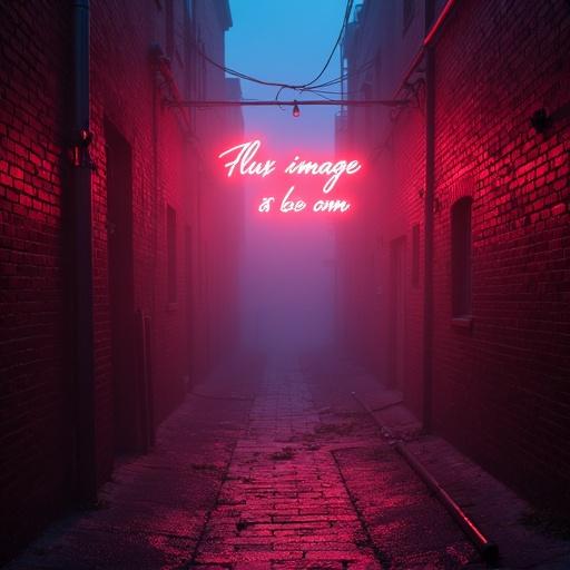 A neon sign reads 'Flux-image, com' in a misty alleyway made of bricks. The atmosphere is foggy and illuminated by the sign's glow.