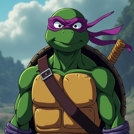 A green turtle character wearing a purple bandana and armor. The character features a bo staff and is illustrated in a style resembling Naruto anime. The background shows blurred natural scenery.
