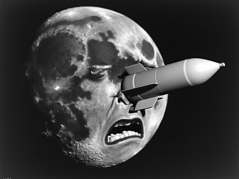 Iconic cinematic still featuring anthropomorphic Moon with pained expression. Rocket ship lodged in Moon's eye with visible damage. Vintage black and white style, high contrast, dramatic lighting, grainy texture. Whimsical and surreal atmosphere.