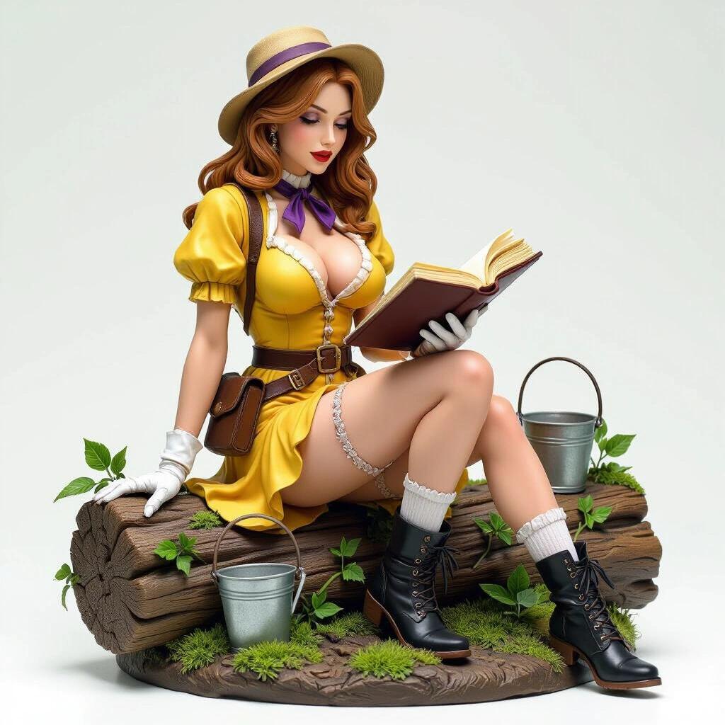 Stylized hyper-detailed female figure inspired by jungle explorer. The woman sits on a moss-covered log reading a book. She has light brown hair and an athletic look. She wears a yellow explorer dress with a purple tie and high slit skirt. Short white gloves. Black ankle boots and white stockings. Base features tropical plants and a baby monkey.