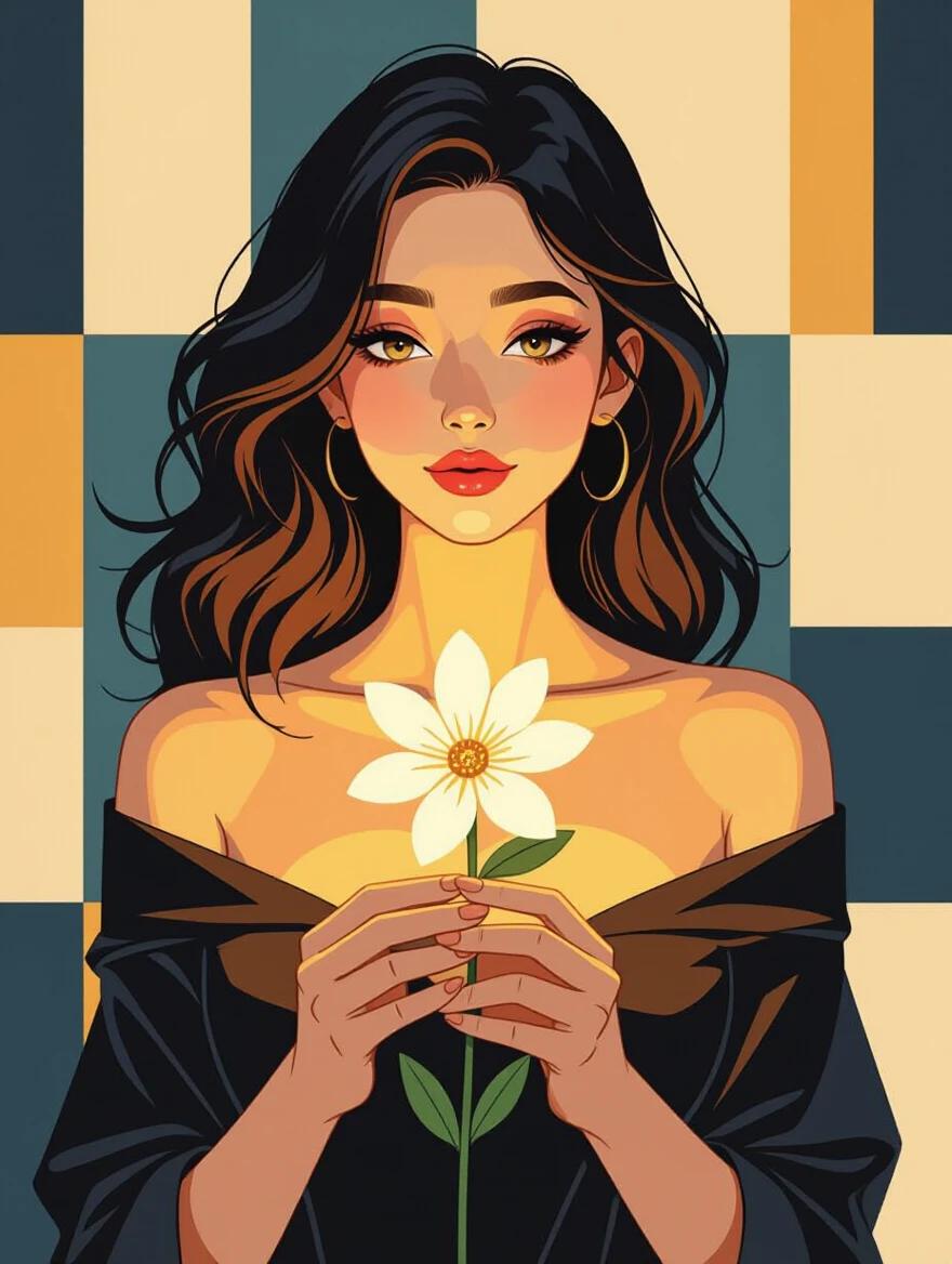 A woman is holding a glowing flower. The background features geometric patterns inspired by Mondrian and Dadaism. The woman's expression conveys calm and beauty.