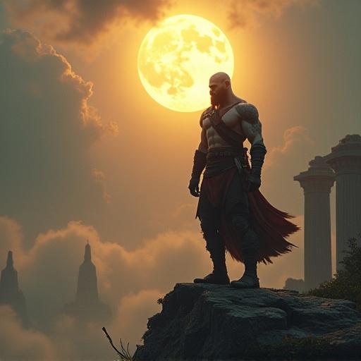 Kratos stands at the edge of a cliff. Ruins of Olympus dissolve into mist behind him. A massive orb of light breaks through stormy clouds. Ethereal lighting bathes his battle-scarred face. Ghostly silhouettes of gods linger nearby. Fresh plants grow through damaged earth. A broken chain slips from his wrist. His posture blends strength with surrender.
