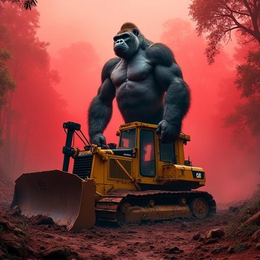 A massive silverback gorilla stands atop a yellow CAT D8 bulldozer in a crimson jungle clearing. His muscular arms are raised. The bulldozer is crushed and twisted. Jungle is devastated with shattered trees and swirling red fog. Volumetric light filters through the canopy. Intense shadows and glowing highlights on the gorilla's fur. Photorealistic textures show primal dominance.
