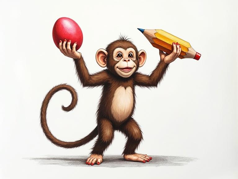 Monkey juggling an egg and colored pencil. Whimsical illustration. Playful expression on a cartoon monkey. Detailed colored pencil drawing. Hatching art style.