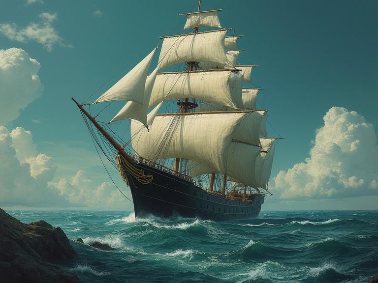 A ship sailing through rough seas represents the Ship of Theseus paradox in a unique artistic style.