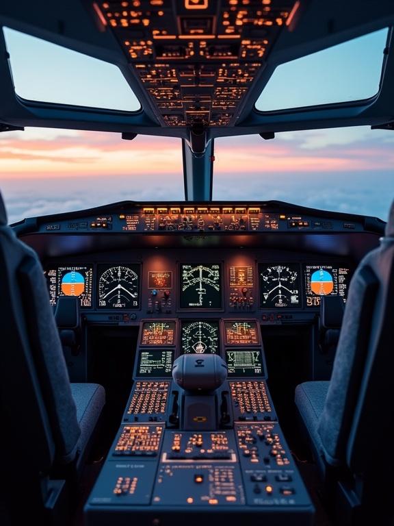View of the cockpit from a pilot's perspective. Airplane instruments and displays illuminated by sunset light. Comfortable pilot seating visible in foreground.