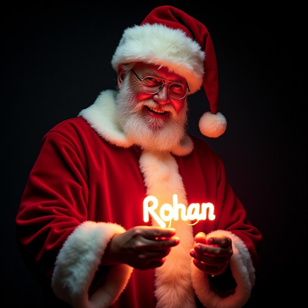 Image of Santa Claus in traditional red and white suit. He appears joyful and warm. Dark background enhances brightness of glowing text. Santa holds glow stick with the name 'Rohan'. Captures the essence of Christmas magic.