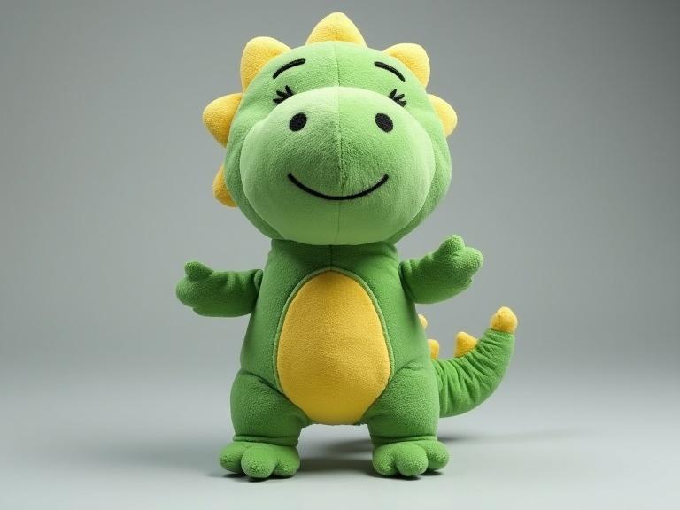 A plush dinosaur toy made of patchwork fabric in green shades. This toy has a friendly expression and stands upright with arms out and a curled tail on a gray background.
