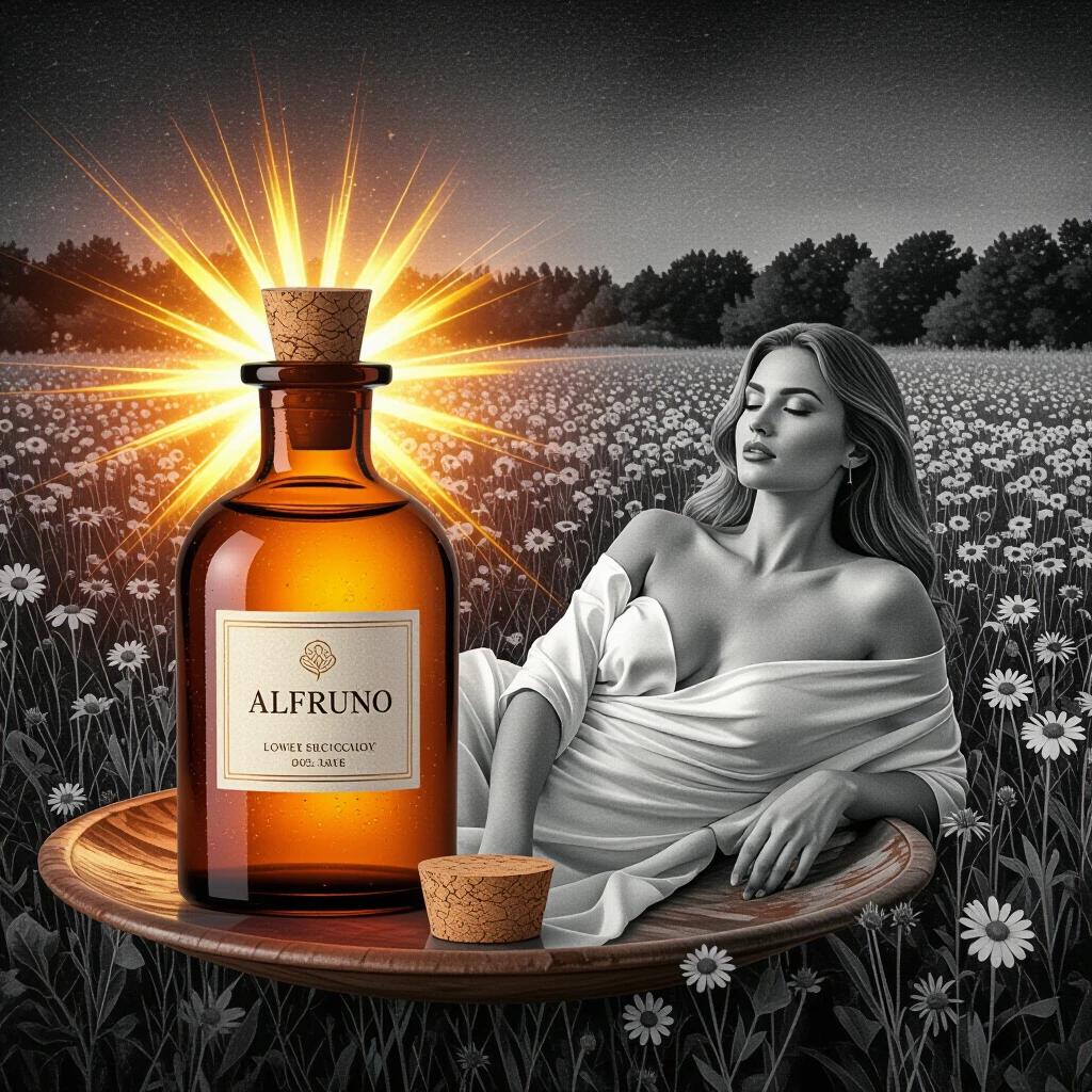 Captivating art piece showcasing an apothecary bottle labeled ALFRUNO on a rustic wooden plate. A beautiful woman reclines in a wildflower field wearing a silk wrap. The bottle emits a golden-reddish glow. Cocktail glasses flank the bottle with roses and herbs.
