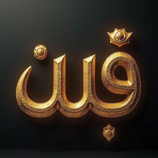4k realistic resolution render of Arabic calligraphy in gold on a black background. Emphasis on artistic and cultural significance. Modern style.