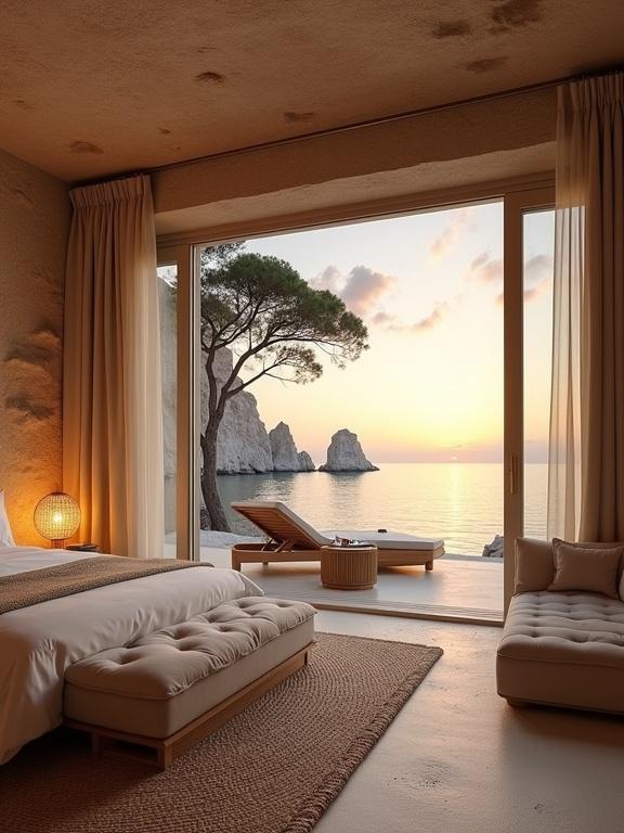 A serene bedroom merges with an outdoor deck overlooking a stunning coastal landscape at sunset. The room features natural stone walls, a minimalist bed with white bedding, and a warm light from a woven lamp. The deck has wooden lounge chairs, with a view of the golden sea and jagged white rocks, framed by a large tree. Decor includes a tufted beige sofa and a neutral rug, creating a tranquil and luxurious atmosphere ideal for relaxation.