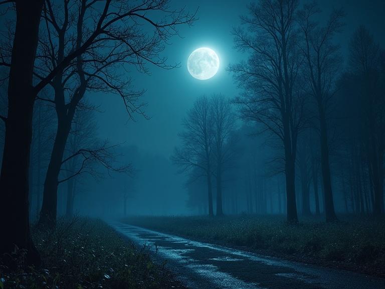 Dark forest scene at night with a bright full moon illuminating the landscape. Creepy atmosphere with low fog and shadowy trees surrounding a wet road.