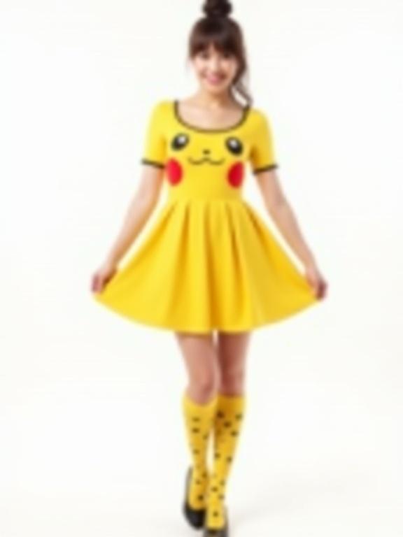 Photograph of a woman wearing a yellow dress and knee-high socks designed like Pikachu. The dress features a round Pikachu face with red cheeks. She has dark hair in a high bun and smiles at the camera. She holds the skirt out. The background is white with even lighting. The composition is playful and colorful.