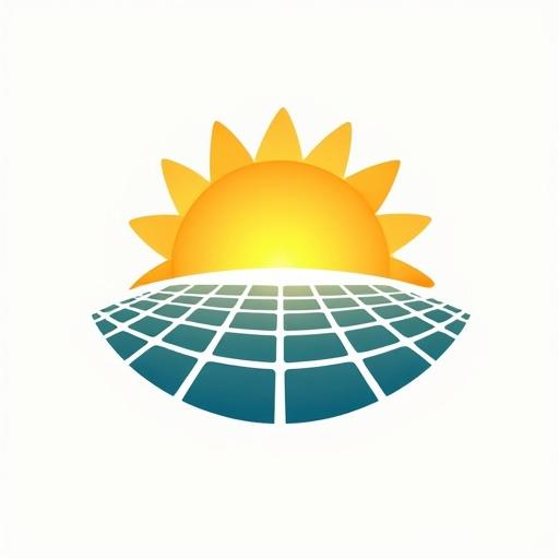 Design a logo incorporating solar elements. Include sun and photovoltaic panels. The panels should form a horizon. Focus on a clean, linear design.