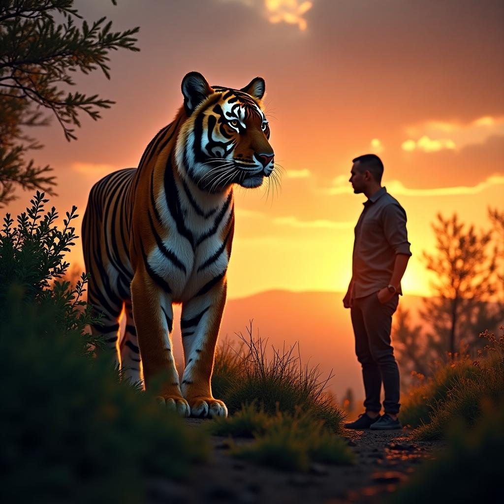 Striking image of a tiger in the wild alongside a powerful silhouette of a man at sunrise, symbolizing strength and boldness.