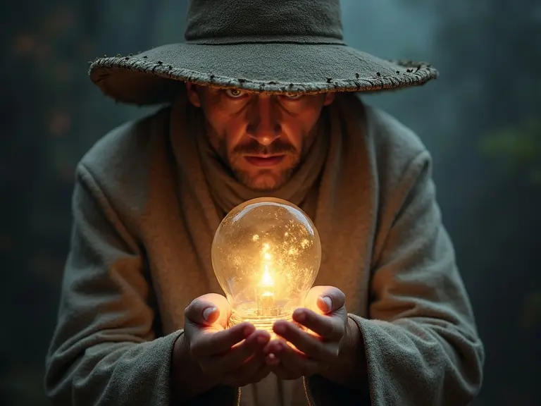 A man wearing a wide-brimmed hat and robe holds a glowing crystal ball. The setting is dark and foggy with an enchanting atmosphere.