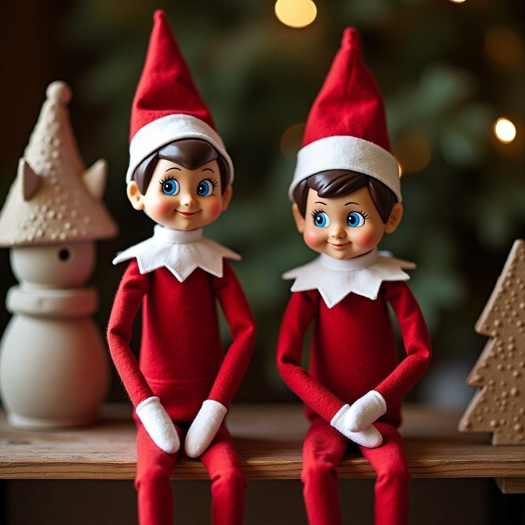 Two elves dressed in red, one with blue eyes and one with brown eyes, in a North Pole setting. The scene includes snow and holiday decorations.