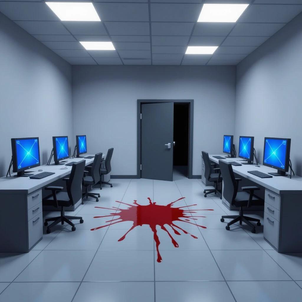 A large empty office portrayed. Ten computers appear damaged. An ominous open door leads to darkness. Blood stains the floor making the scene unsettling. Enhanced with a Roblox style. A stark contrast of light and shadows intensifies the atmosphere