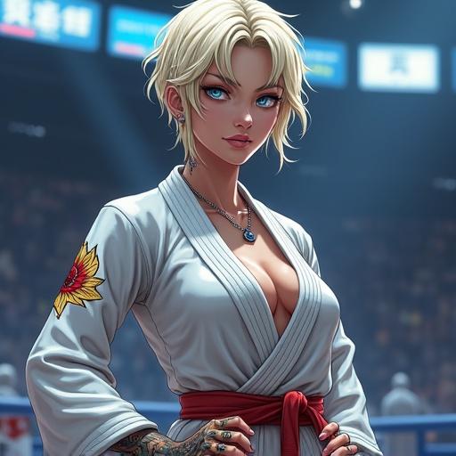 Anime character depicts a futuristic woman with frosted blue eyes, short light blonde hair, wearing a judo gi. She has a psychotic grin and colorful tattoos. The setting is a luxurious martial arts arena in Rome at night. She embodies an A-list celebrity with muscular arms and a confident stance.