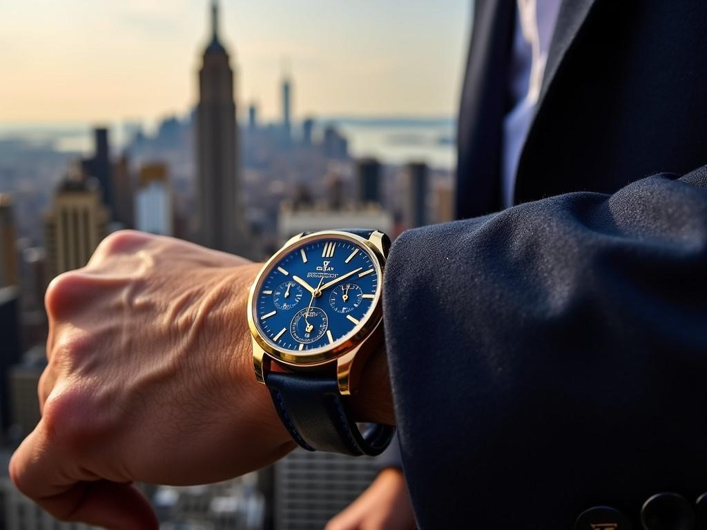 Change the wrist in the image to a different man's wrist, ensuring it still has a natural, fashionable appeal. The watch should remain stylish, with a blue dial and gold accents. Add a New York City skyline in the background, featuring iconic buildings like the Empire State Building and One World Trade Center. Make sure the lighting and colors of the background match the watch's luxurious vibe. The setting can suggest a casual yet sophisticated environment, capturing the essence of urban life.