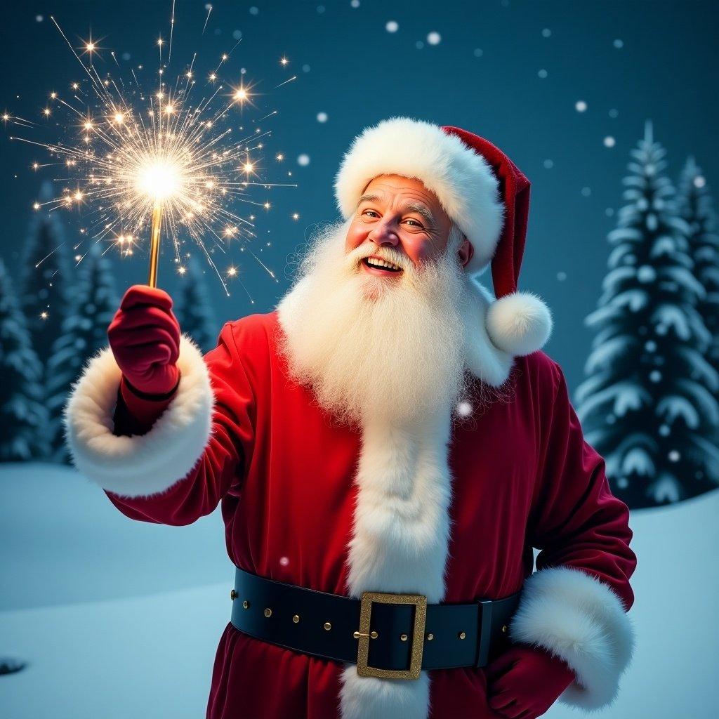 A jolly Santa Claus in a snowy landscape holding a magical wand shining with sparkles. He wears a classic red suit with white fur trim and a matching hat. Santa's eyes twinkle with joy as he appears to be writing names in the sky. It's a snowy scene with evergreen trees and a starry night sky. The atmosphere is festive and magical.