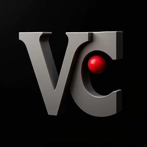Stacked grayish-silver letters V and C on a black background with a red ball inside the letter C.
