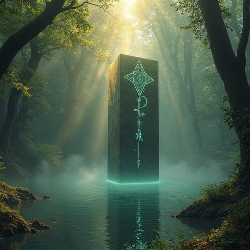 Mysterious monolith hovers over calm reflective lake. Forest glade surrounds the scene. Surface of monolith features glowing runes. Mist rises from the water illuminated by golden light. Ancient towering trees provide a natural backdrop. Vines and bioluminescent fungi add a faint glow. The atmosphere is tranquil and sacred. Monolith turns gently above the water. Scene embodies a blend of ancient and futuristic elements.