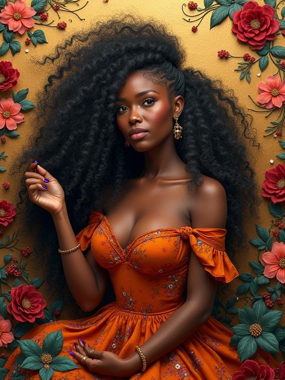 A woman with textured hair and a colorful dress poses against a floral background. The setting feels luxurious and artistic. The image has a playful texture and vibrant colors.