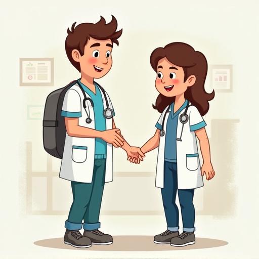 Cartoon style illustration of two healthcare professionals shaking hands. One is a male doctor with a backpack and the other is a female doctor. Both are wearing lab coats and stethoscopes. Background suggests a medical environment with healthcare elements.