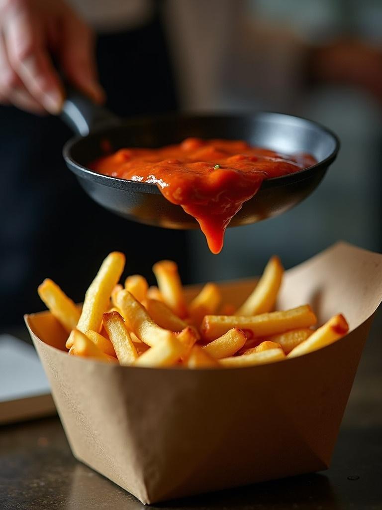 Chef pours chunky tomato-based sauce from a black frying pan onto golden-brown french fries in light brown cardboard container. Dimly lit kitchen. Cinematic lighting and detailed textures in 8k resolution.