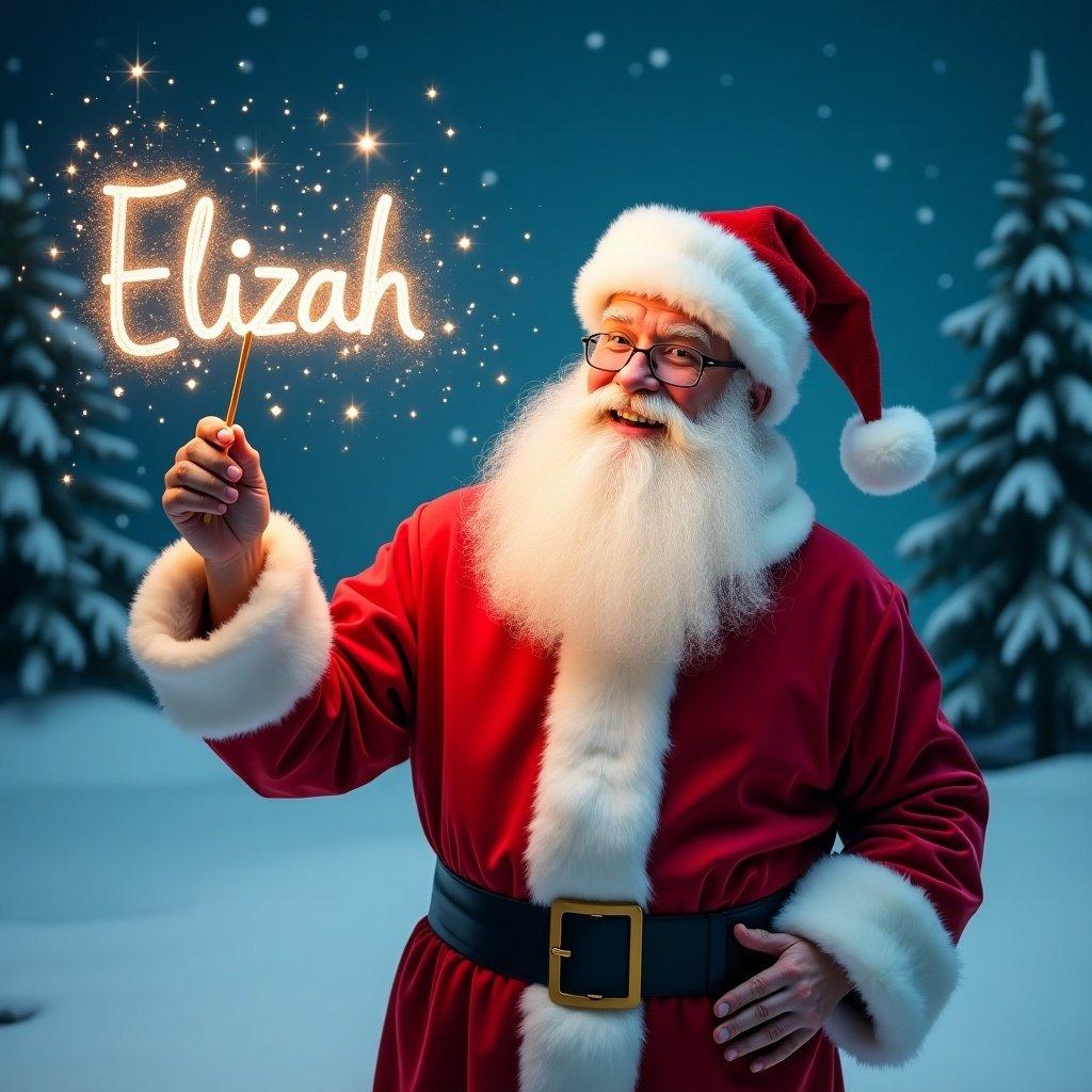 Santa Claus in a snowy landscape. He holds a magical wand sparkling with the name Elizah. Dressed in a red suit with white fur trim and hat. Santa's eyes sparkle with joy, writing names in the night sky. Snowy background with evergreen trees and starry sky. Festive and magical atmosphere for holidays.