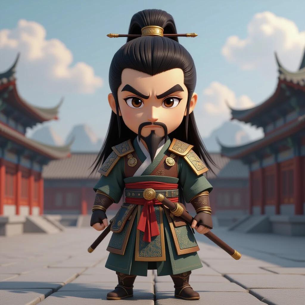 3D model of a male character designed in ancient Chinese style. Character aged around 35 years. Height of 180cm. Features long black hair tied into a high ponytail. Wearing a cross-collar robe made from coarse linen. Shows detailed facial characteristics.