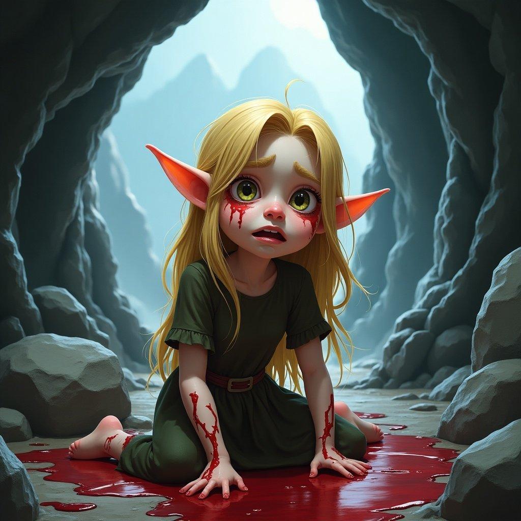 Image of a cute blond elf. She's badly injured and terrified. Set in a cave within a mountain. She appears cold and covered in blood.