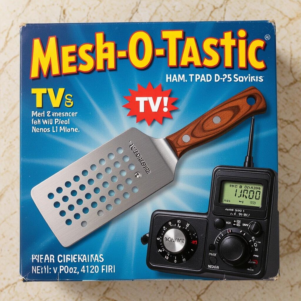 Image of a kitchen gadget packaging. Box features a spatula with holes. Box labeled 'Mesh-O-Tastic'. Includes ham radio knobs and buttons. Bright colors and legible fonts.