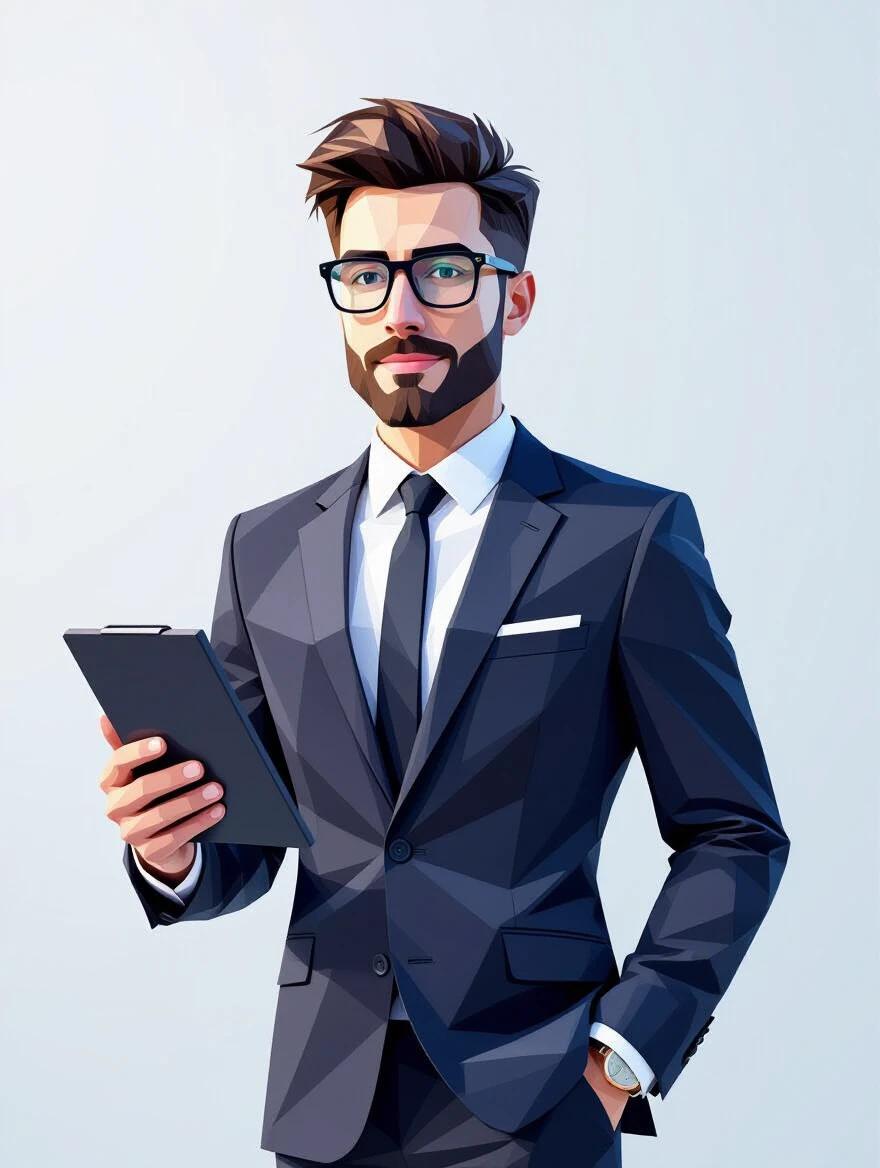 Ultra modern low poly illustration of a robotic version of a slim young professional. Clean shaven with glasses wearing a suit. Holding a clipboard. Sophisticated and sleek design.