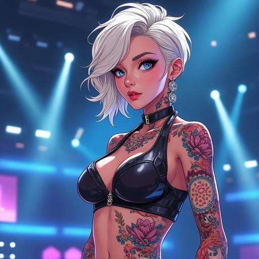 Anime character dressed in modern hip hop streetwear. The character is a beautiful woman with short, light blonde hair, blue eyes, and tattoos. The stage setting is futuristic with bright lights. She is performing on a luxurious concert stage. The character portrays an edgy look with piercings and traditional Japanese tattoos. She carries an aura of an A-list celebrity.