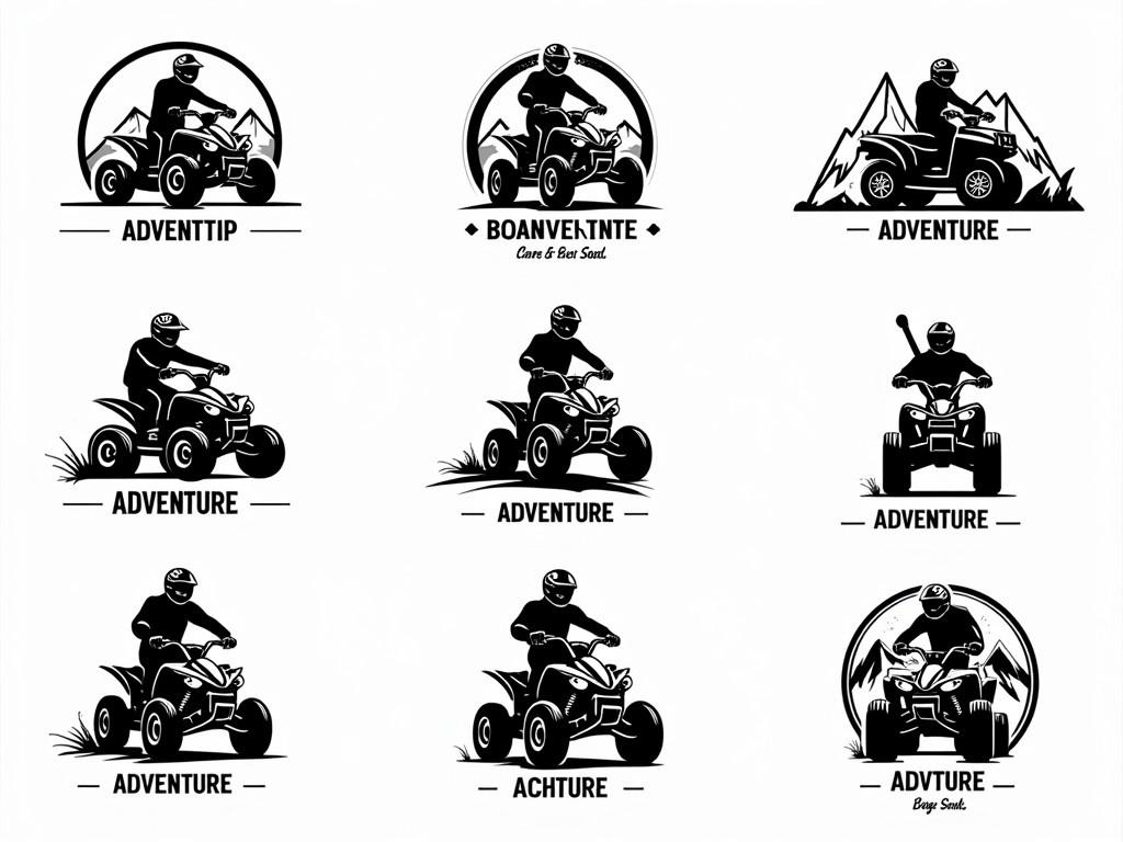 A collection of ATV emblems, badges, and icons featuring all-terrain vehicles. Each design showcases themes of adventure and ruggedness, symbolizing off-road experiences. The badges include mountain motifs, adventure slogans, and depictions of ATV riders in dynamic poses. The color scheme is predominantly black and white, emphasizing a bold and striking look. This set is perfect for promoting ATV events, rentals, and outdoor adventures.