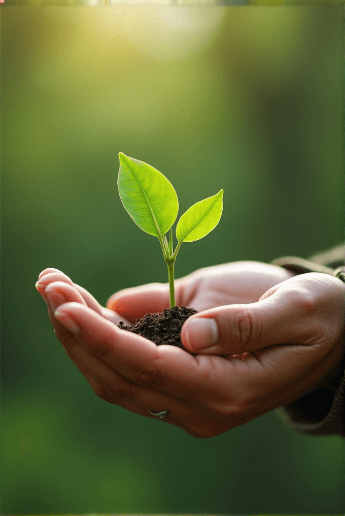 Hands gently cradle a small plant growing in soil against a blurred green background, symbolizing nurturing and new beginnings.