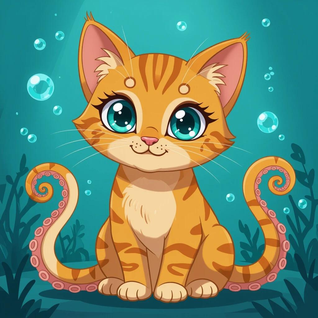 Cartoon cat with octopus-like tentacles. Bright colors with playful facial expression. Background has bubbles and subaquatic elements.