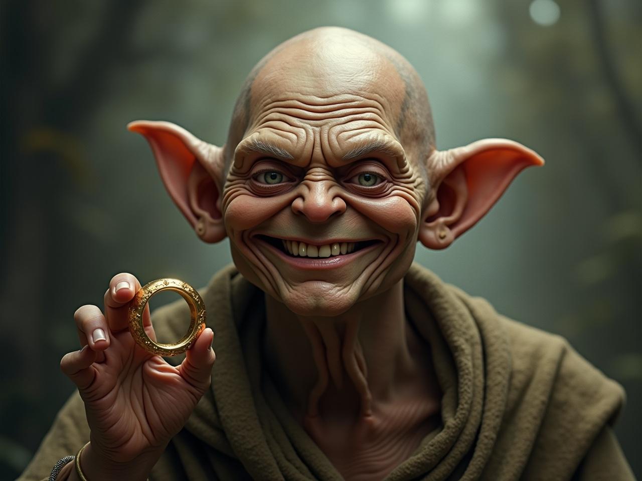 This image features a whimsical reinterpretation of a well-known fantasy character, Gollum, depicted with a face resembling Donald Trump. The character is smiling broadly while holding The One Ring, often referred to as 'His Precious'. In the background, the iconic White House adds a humorous political twist to the scene. The environment is lush and green, enhancing the fantasy elements. Soft lighting creates a magical ambiance, making the character stand out prominently.