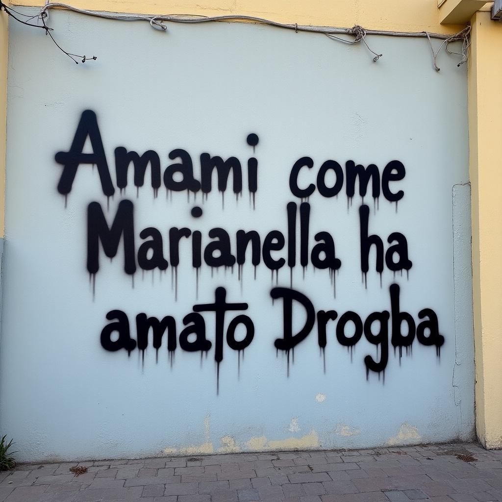 A large light grey wall features black spray-painted text saying 'Amami come Marianella ha amato Drogba'. The writing is prominent and urban in style.