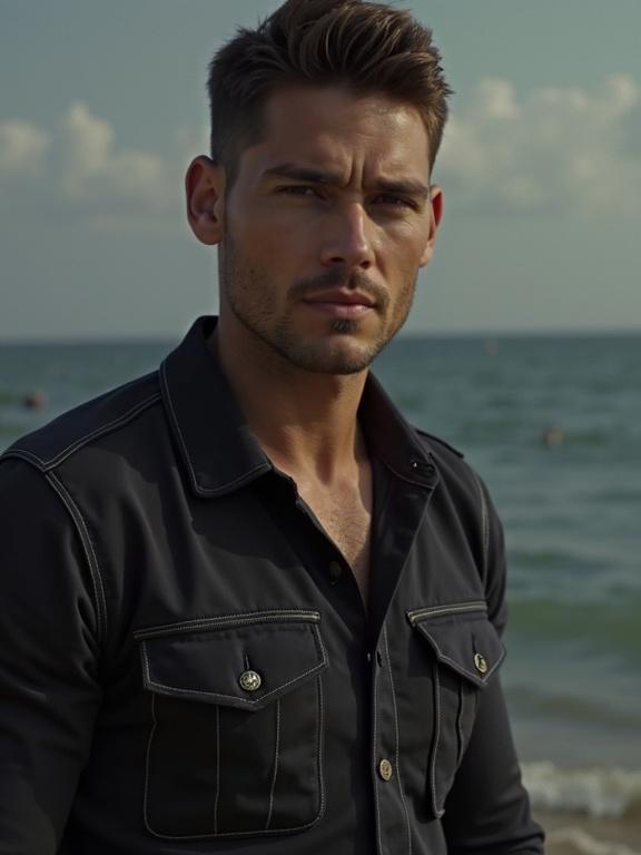 A man stands on the beach wearing a stylish black shirt. The sea and horizon are visible in the background. Clouds are scattered in the sky. Warm weather creates a relaxed atmosphere.