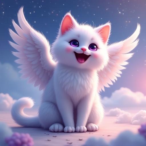 A digital illustration of a fantastical white cat with large wings. The cat has a joyful expression, sitting on its hind legs with front paws together. Purple eyes and open mouth show excitement. Fluffy white fur has dark spots. The wings are large and fluffy. Background features a soft starry sky with blue and purple hues. Vivid colors and soft lighting emphasize the cat's features.