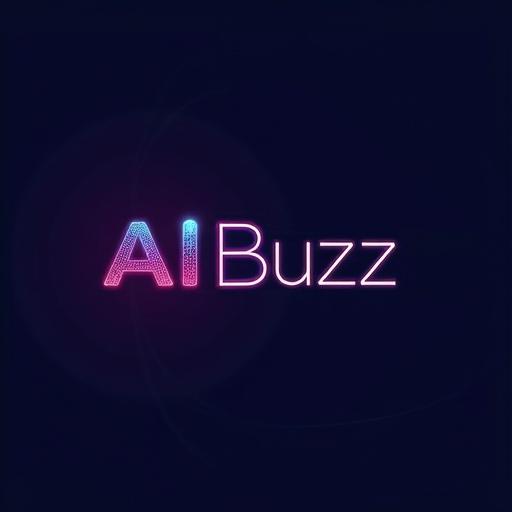 Futuristic logo design with the text AIBuzz. Subtle circuit patterns blended into the letters. Background features a soft gradient in navy blue and digital pink. Modern sans-serif font used.