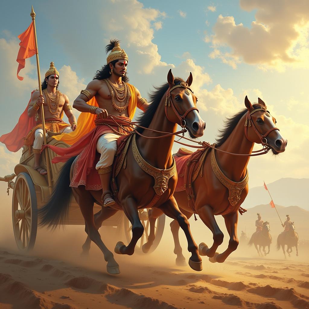 Krishna drives the chariot pulled by horses. Arjuna stands ready with bow. Horses in motion on a battlefield. Warm sunlight and dust around. Powerful scene depicting a mythological event.