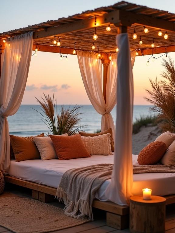 Cozy romantic boho-style beachside lounge bed setup at sunset. Elevated mattress on wooden platform. White curtains add softness. Cream beige color scheme with earthy accents. Warm white string lights create ambient glow. Tall pampas grass frames the view. Ideal for relaxation or date night.