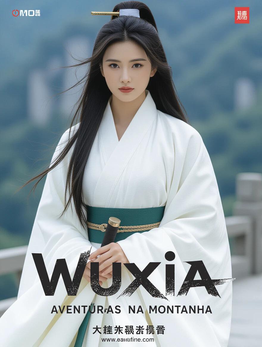 Full body woman in white traditional robes with long hair holding a sword. Background shows a mountainous landscape. The image is for a movie poster titled Wuxia: Aventuras na Montanha.