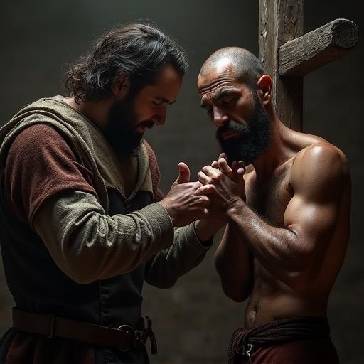 A man in medieval clothing cuts off another man's finger who is tied to a wooden cross. The prisoner shows pain. The atmosphere is dark like a dungeon. Photorealistic style.