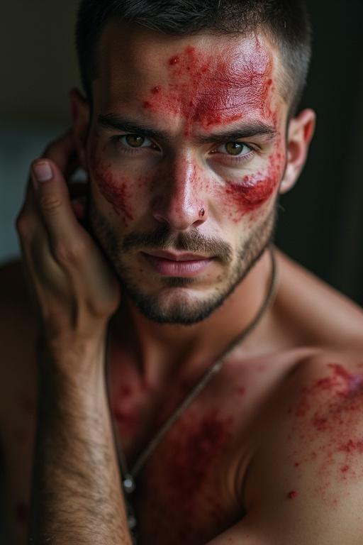 A male model has skin rashes on the face and body. The image is realistic and extremely detailed. The focus is sharp with a wide view capturing the model's expression.